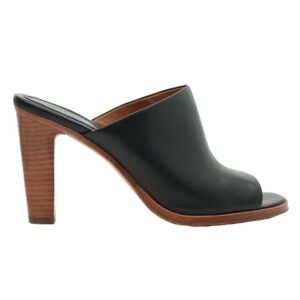 & Other Stories Black Leather Open-Toe Mule Heels with Brown Wood-Look Heel